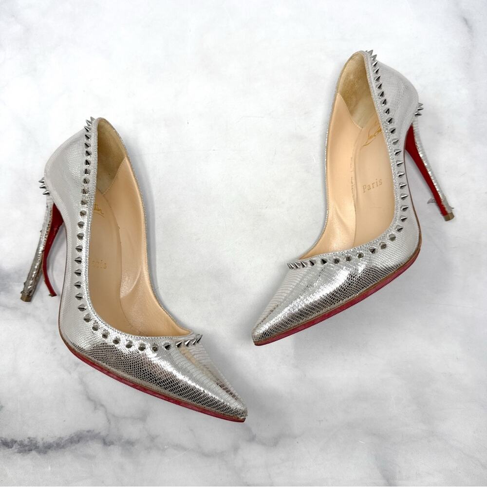 Christian Louboutin Anjalina 100 Spike Stud Trim Chrome Pointed Toe Pumps Heels - Picture 3 of 13